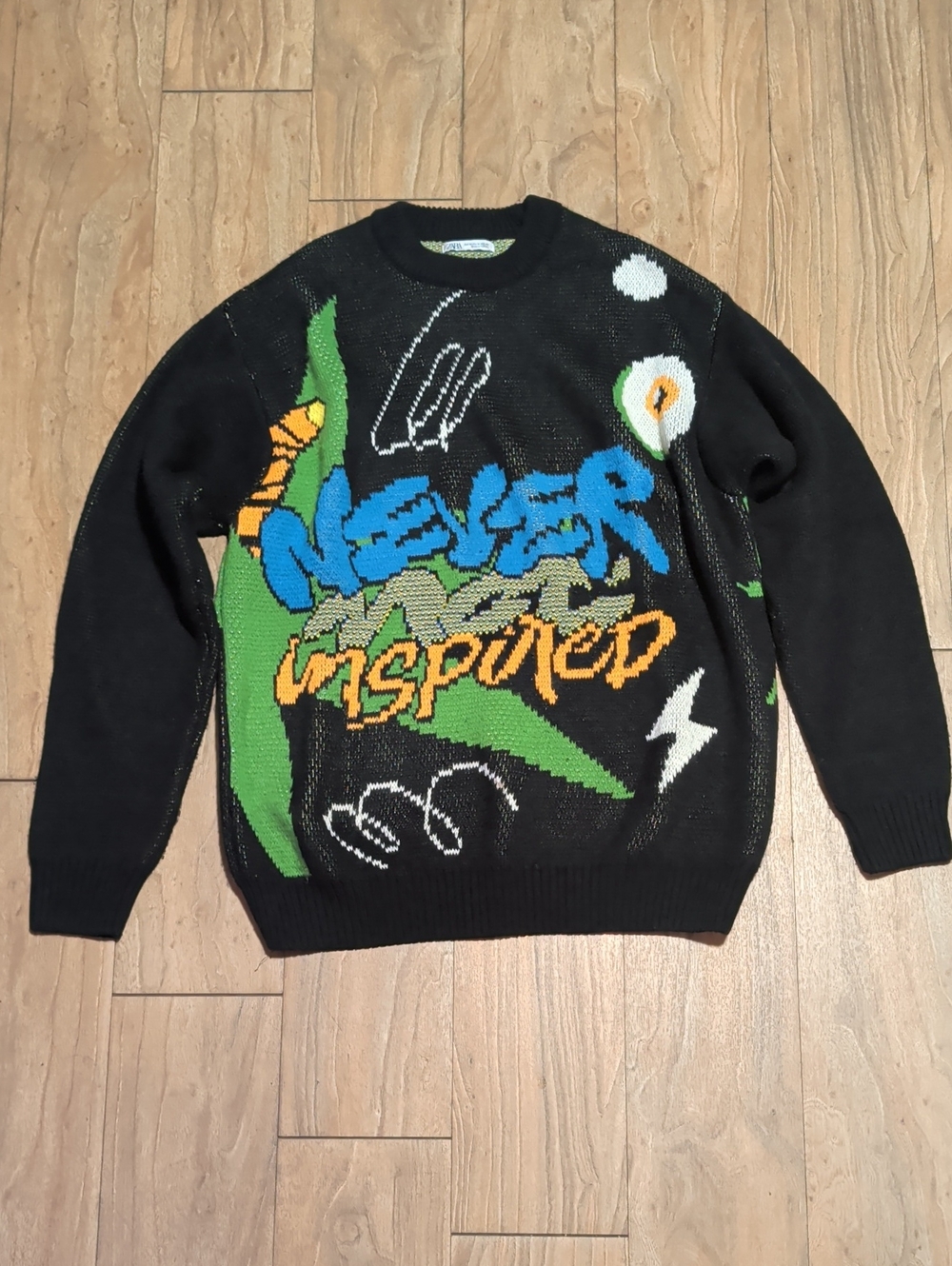 Zara Black Crewneck Sweater with Multicolor Graphic